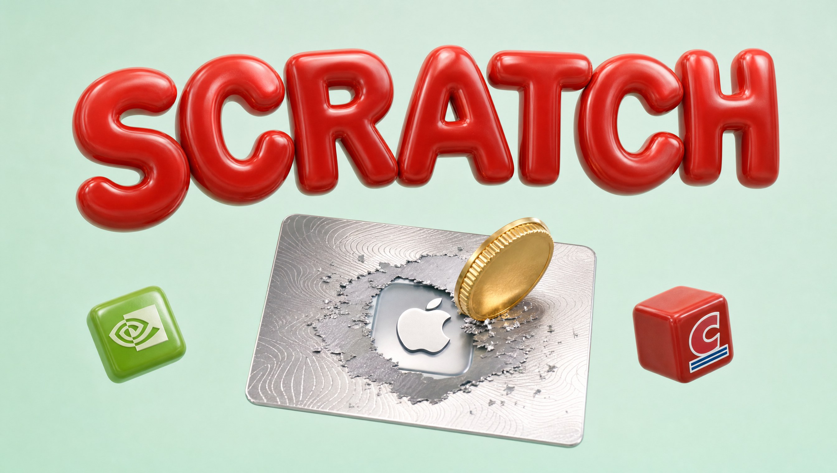 Glossy red SCRATCH letters above a silver foil scratch card, half scratched by a gold coin, an Apple underneath, with NVIDIA and Costco tiles floating nearby